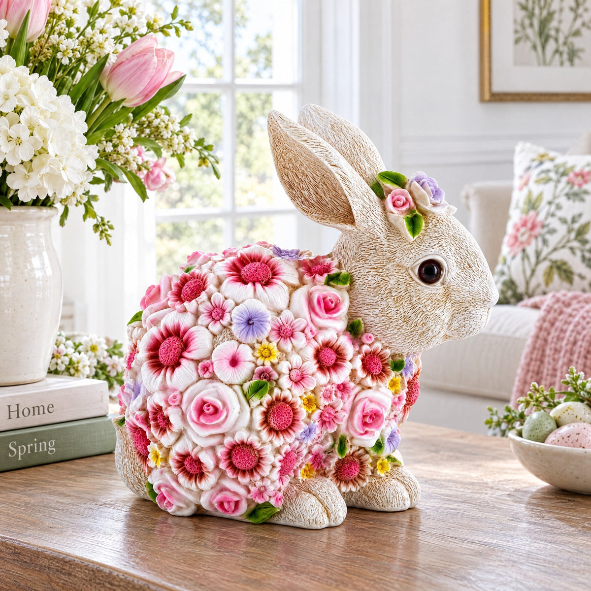 Hand Painted Resin Bunny With Elegant Garden Blooms 7.1 Inches Tall Easter > Figurines > Bunnies La Vie Bien Hand Painted Resin Bunny With Elegant Garden Blooms 7.1 Inches Tall