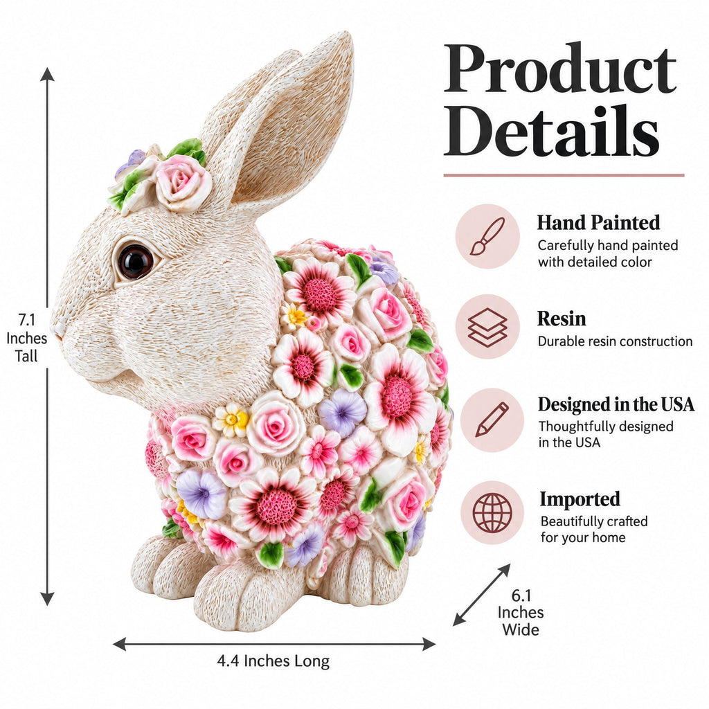 Hand Painted Resin Bunny With Elegant Garden Blooms 7.1 Inches Tall Easter > Figurines > Bunnies La Vie Bien Hand Painted Resin Bunny With Elegant Garden Blooms 7.1 Inches Tall