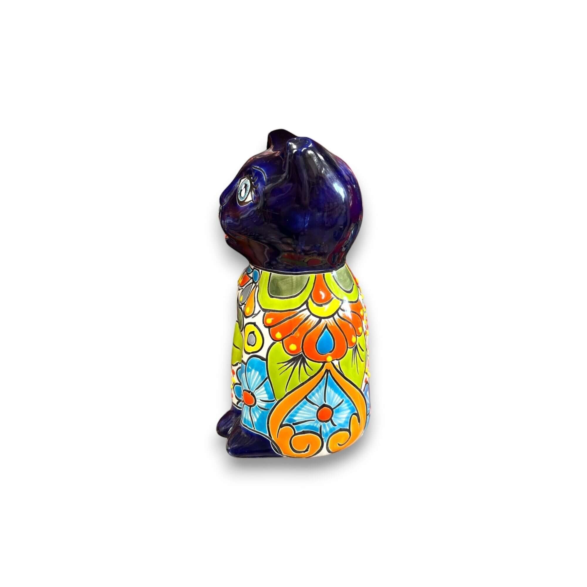 Hand-Painted Talavera Cat Statue | Medium Mexican Folk Art Talavera Statue La Vie Bien Hand-Painted Talavera Cat Statue | Medium Mexican Folk Art
