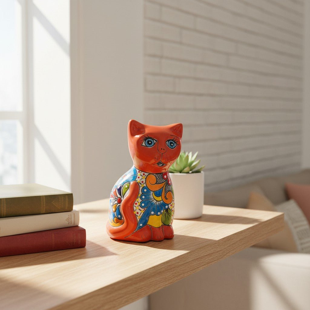 Hand - Painted Talavera Cat Statue | Medium Mexican Folk Art Talavera Statue La Vie Bien Hand - Painted Talavera Cat Statue | Medium Mexican Folk Art