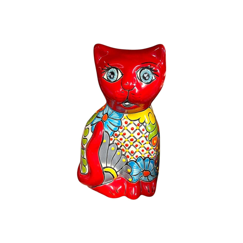 Hand-Painted Talavera Cat Statue | Medium Mexican Folk Art