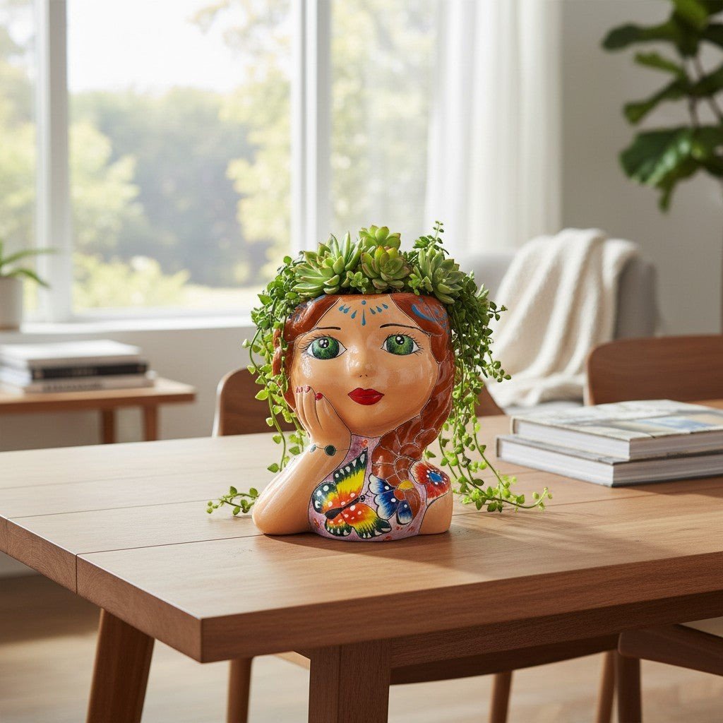 Hand-Painted Talavera Ceramic Lady Planter | Mexican Artwork Décor Talavera Planter La Vie Bien Hand-Painted Talavera Ceramic Lady Planter | Mexican Artwork Décor