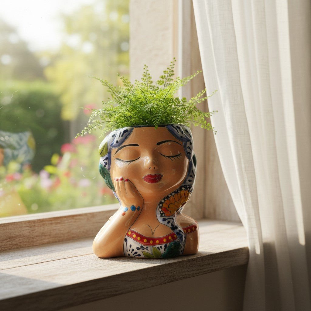 Hand-Painted Talavera Ceramic Lady Planter | Mexican Artwork Décor Talavera Planter La Vie Bien Hand-Painted Talavera Ceramic Lady Planter | Mexican Artwork Décor