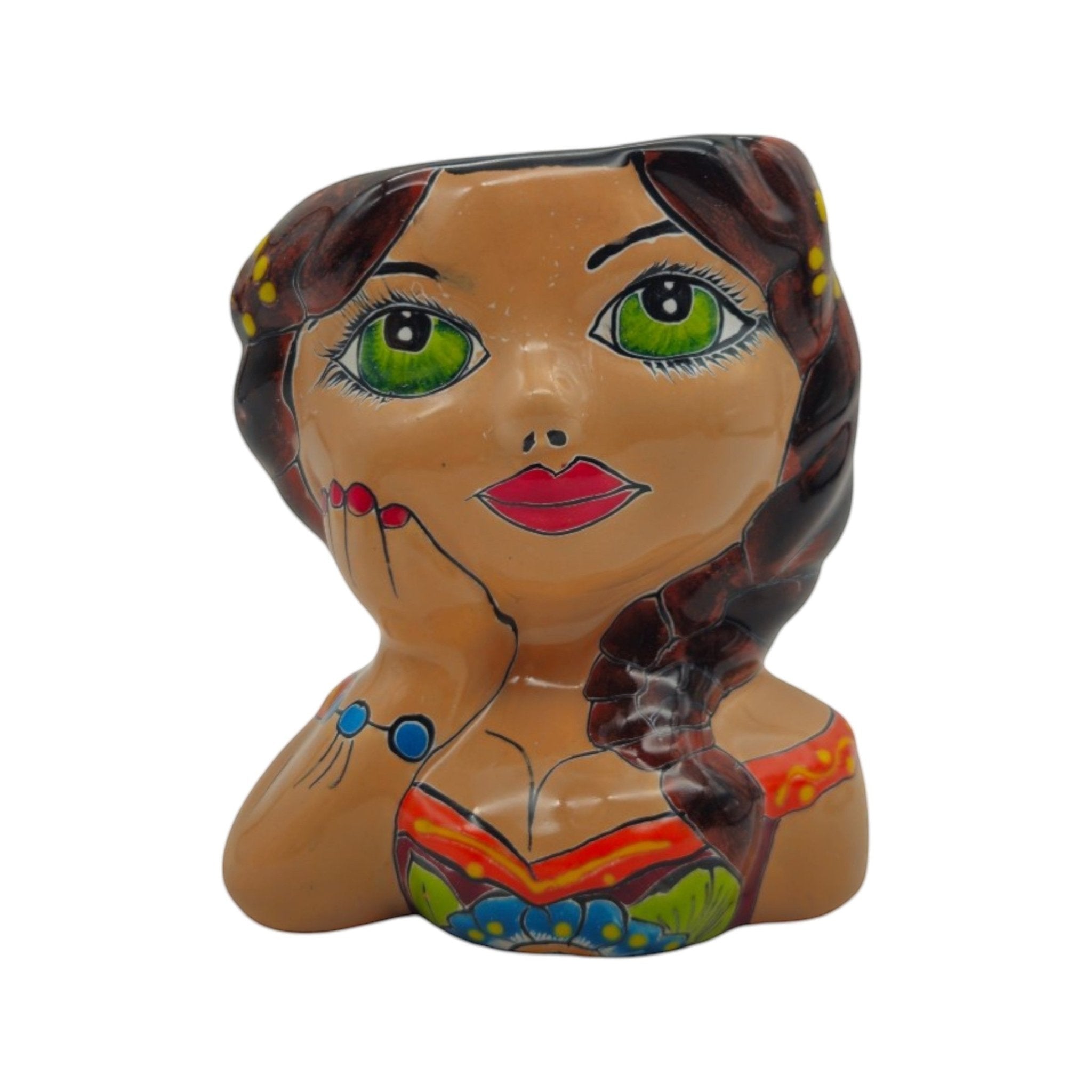 Hand-Painted Talavera Ceramic Lady Planter | Mexican Artwork Décor Talavera Planter La Vie Bien Hand-Painted Talavera Ceramic Lady Planter | Mexican Artwork Décor