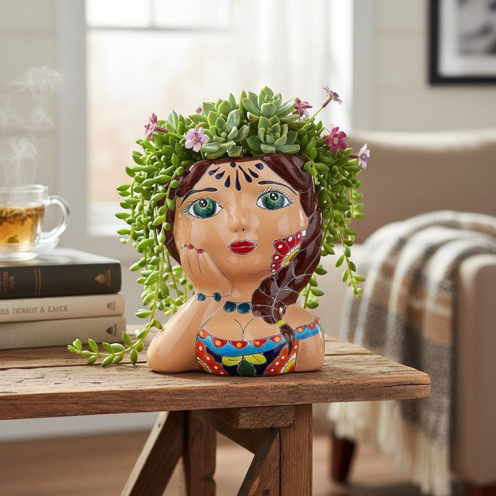 Hand-Painted Talavera Ceramic Lady Planter | Mexican Artwork Décor Talavera Planter La Vie Bien Hand-Painted Talavera Ceramic Lady Planter | Mexican Artwork Décor