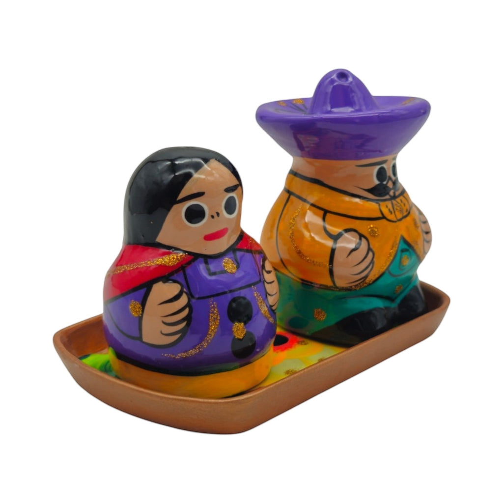 Hand-Painted Talavera Salt & Pepper Shakers | Couple on Tray Guerrero Salt Shakers La Vie Bien Hand-Painted Talavera Salt & Pepper Shakers | Couple on Tray