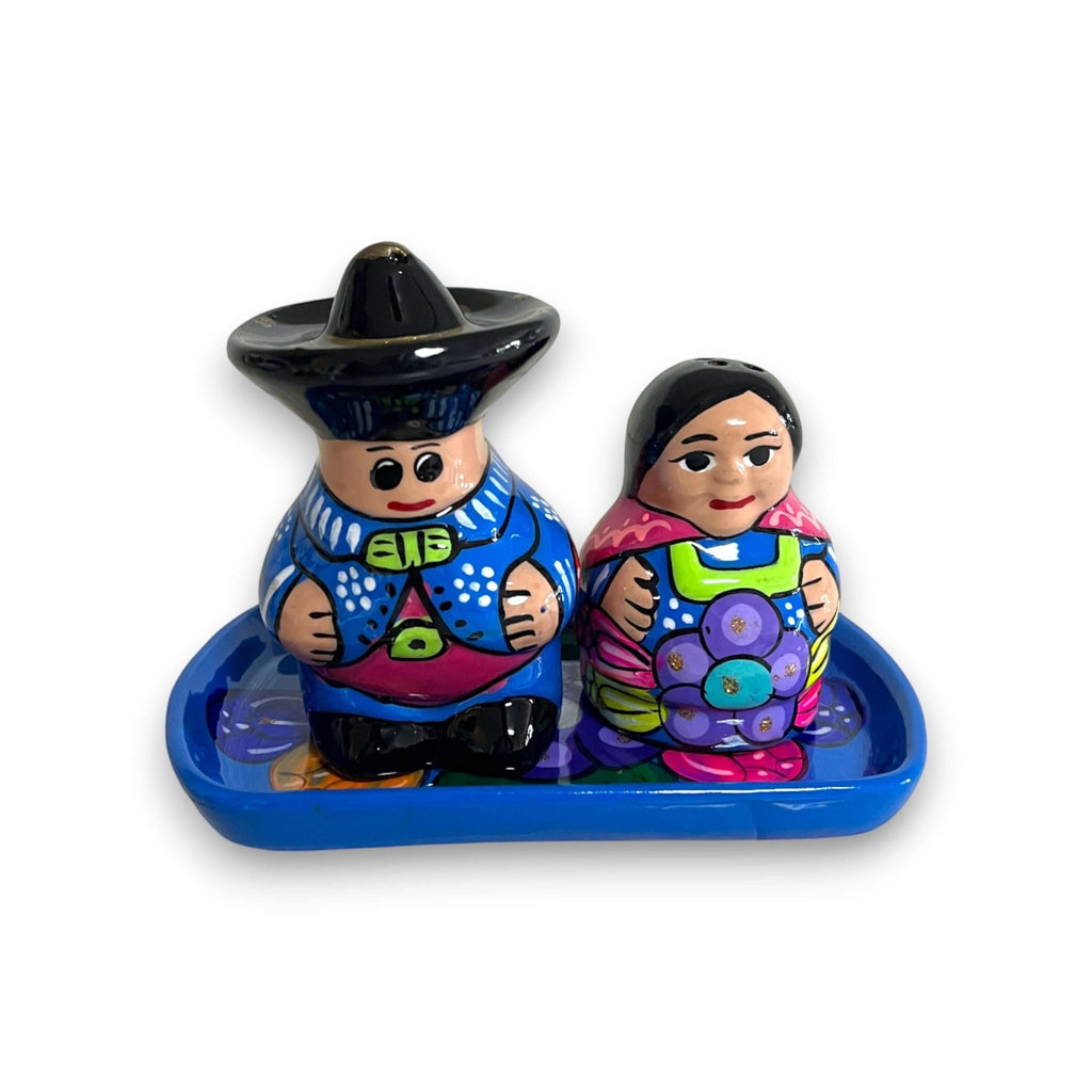 Hand-Painted Talavera Salt & Pepper Shakers | Couple on Tray Guerrero Salt Shakers La Vie Bien Hand-Painted Talavera Salt & Pepper Shakers | Couple on Tray