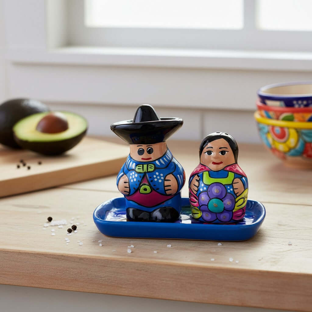 Hand-Painted Talavera Salt & Pepper Shakers | Couple on Tray Guerrero Salt Shakers La Vie Bien Hand-Painted Talavera Salt & Pepper Shakers | Couple on Tray