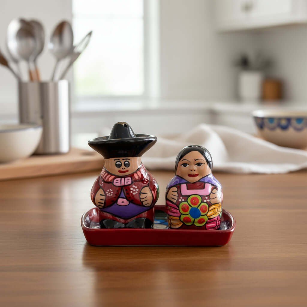 Hand-Painted Talavera Salt & Pepper Shakers | Couple on Tray Guerrero Salt Shakers La Vie Bien Hand-Painted Talavera Salt & Pepper Shakers | Couple on Tray