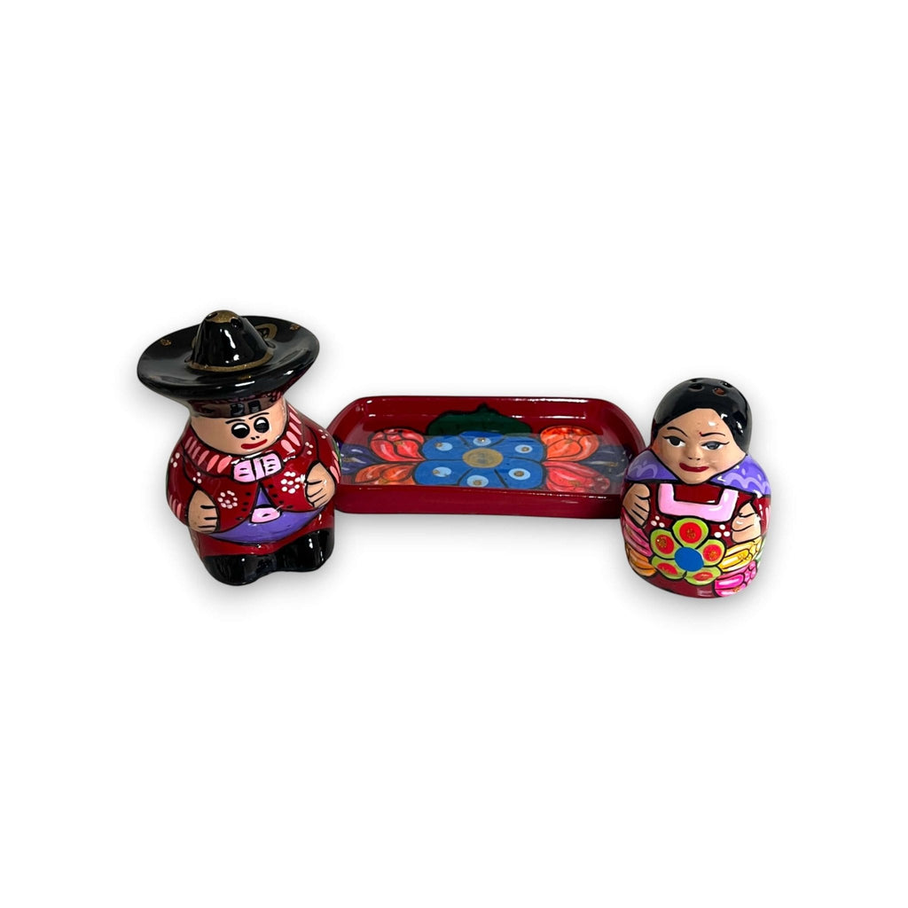Hand-Painted Talavera Salt & Pepper Shakers | Couple on Tray Guerrero Salt Shakers La Vie Bien Hand-Painted Talavera Salt & Pepper Shakers | Couple on Tray