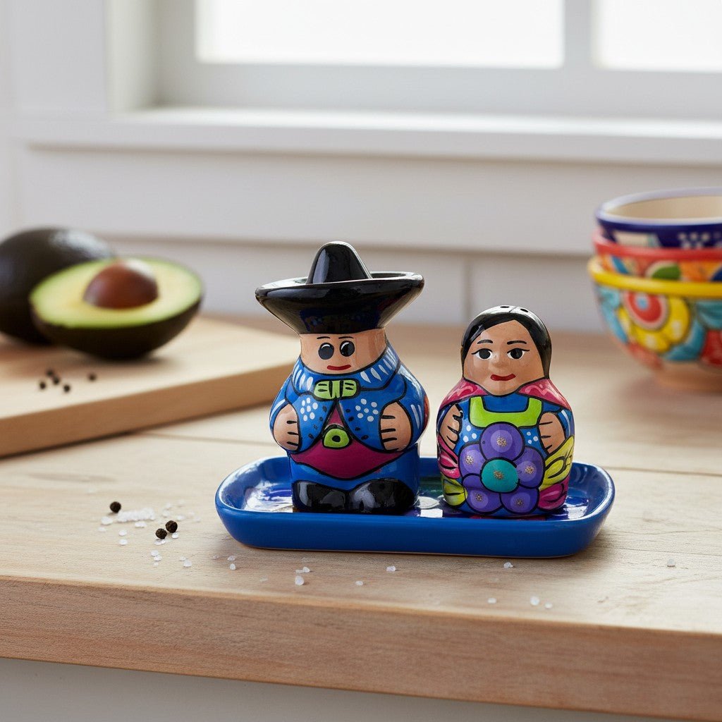 Hand-Painted Talavera Salt & Pepper Shakers | Couple on Tray Guerrero Salt Shakers La Vie Bien Hand-Painted Talavera Salt & Pepper Shakers | Couple on Tray