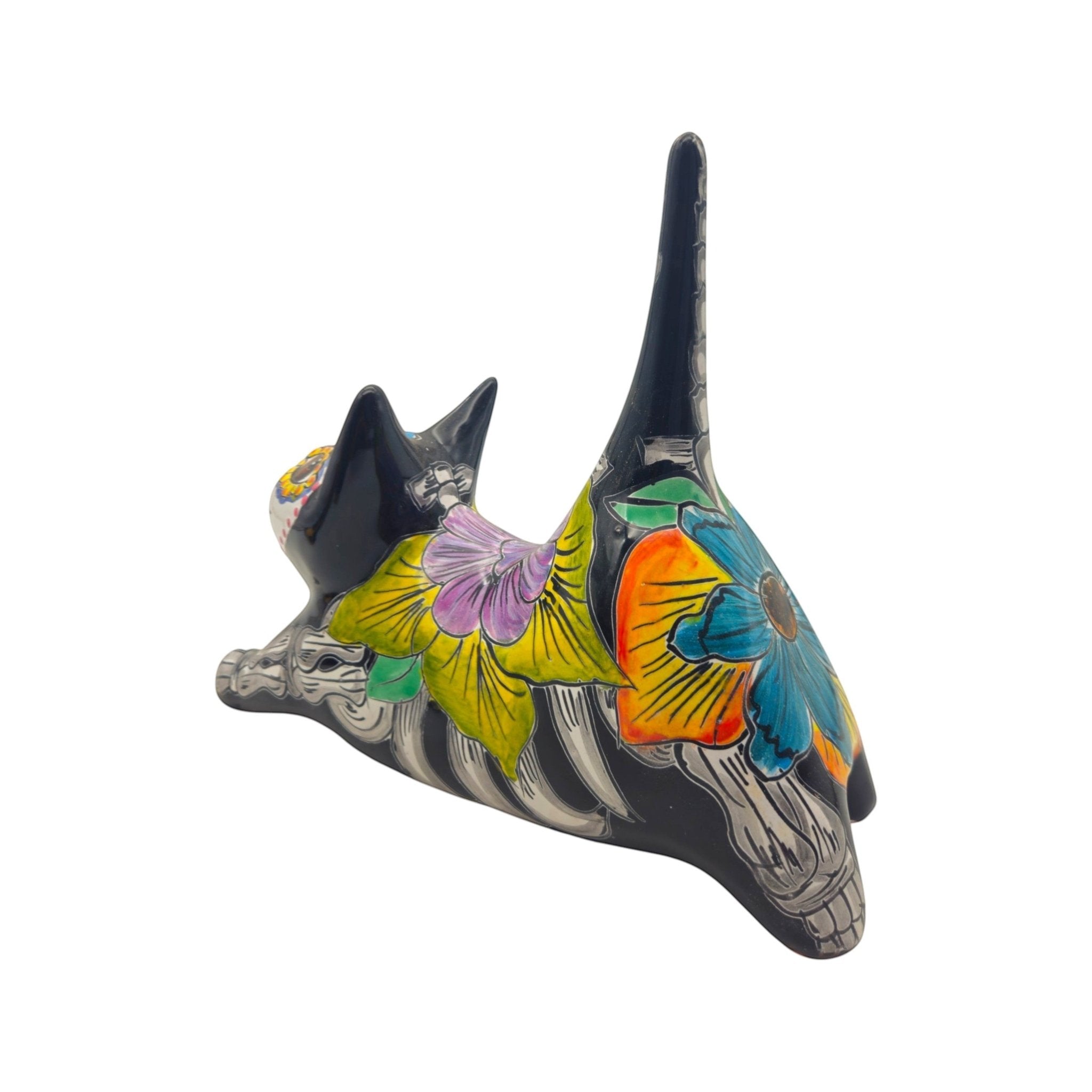 Hand-Painted Talavera Stretching Cat Statue | Day of the Dead Mexican Decor Talavera Statue La Vie Bien Hand-Painted Talavera Stretching Cat Statue | Day of the Dead Mexican Decor