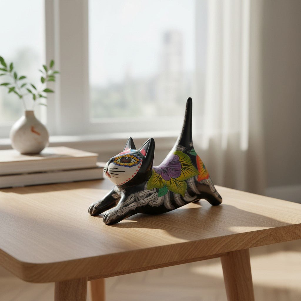 Hand-Painted Talavera Stretching Cat Statue | Day of the Dead Mexican Decor Talavera Statue La Vie Bien Hand-Painted Talavera Stretching Cat Statue | Day of the Dead Mexican Decor