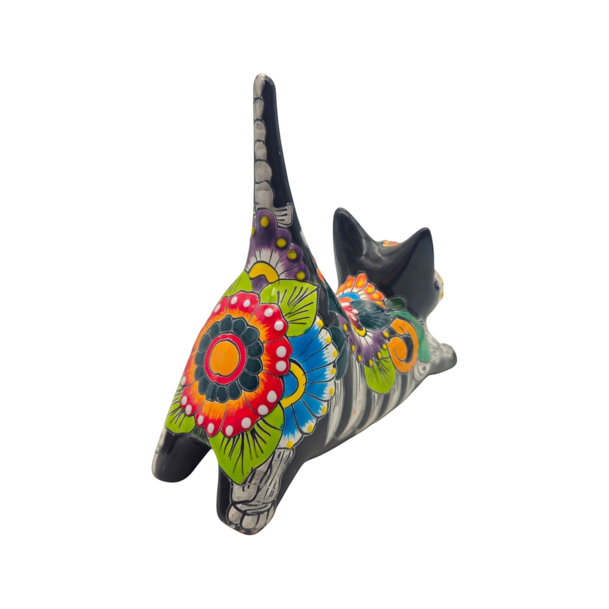 Hand-Painted Talavera Stretching Cat Statue | Day of the Dead Mexican Decor Talavera Statue La Vie Bien Hand-Painted Talavera Stretching Cat Statue | Day of the Dead Mexican Decor