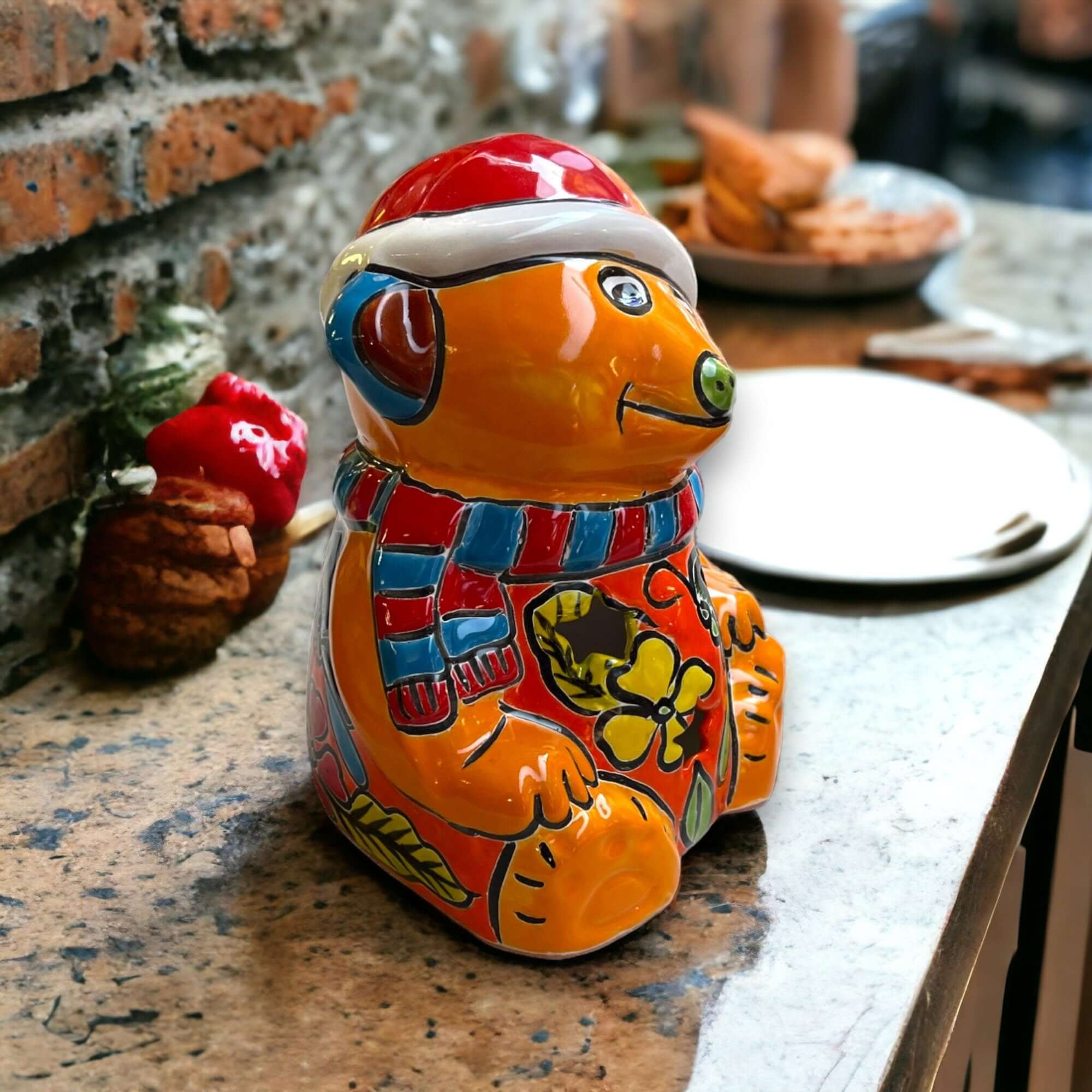 Hand - Painted Talavera Teddy Bear Statue | Festive Christmas Decor (Medium Size) Talavera Statue La Vie Bien Hand - Painted Talavera Teddy Bear Statue | Festive Christmas Decor (Medium Size)