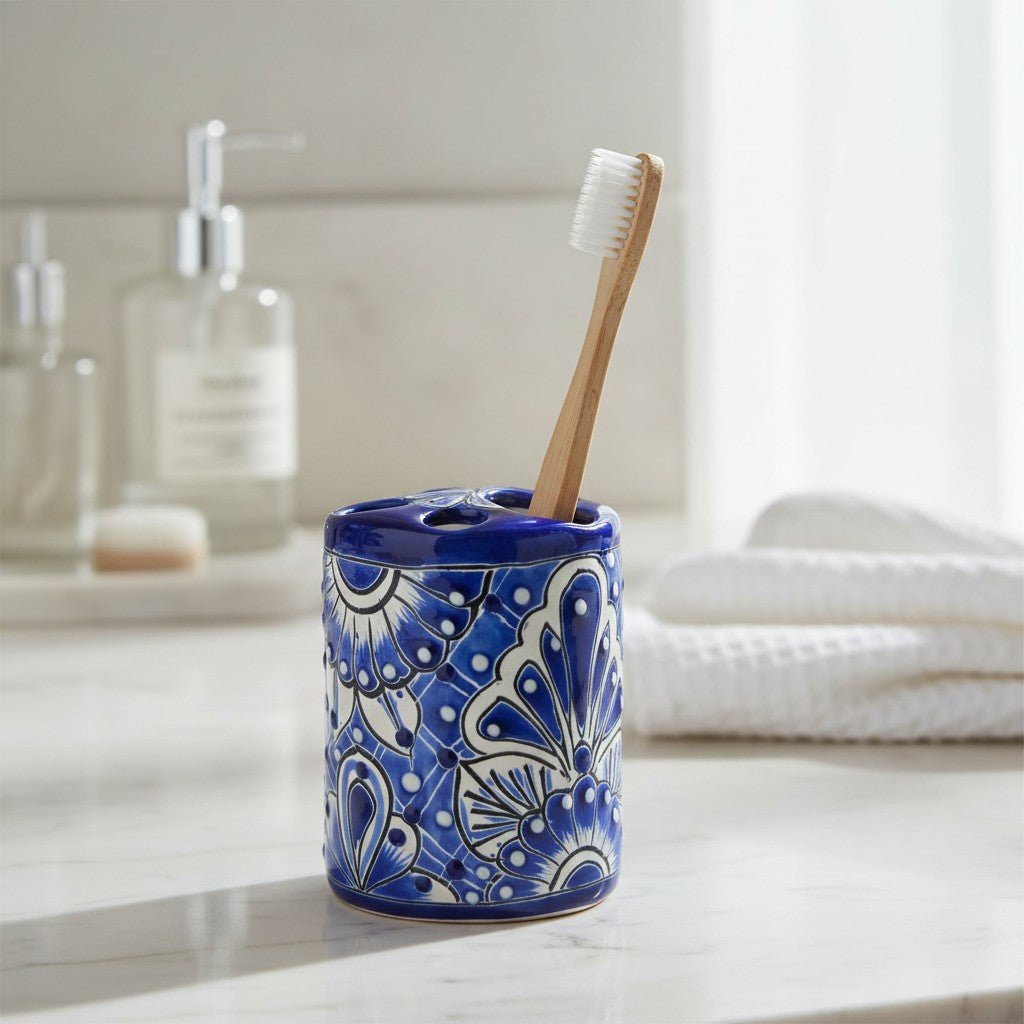 Hand-Painted Talavera Toothbrush Holder | Blue & White Ceramic Talavera Toothbrush Holder La Vie Bien Hand-Painted Talavera Toothbrush Holder | Blue & White Ceramic