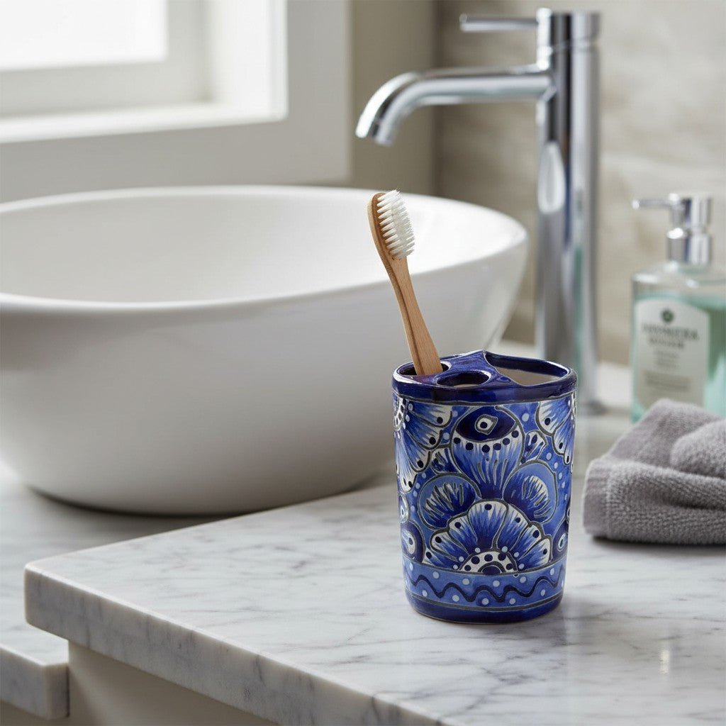 Hand-Painted Talavera Toothbrush Holder | Blue & White Ceramic Talavera Toothbrush Holder La Vie Bien Hand-Painted Talavera Toothbrush Holder | Blue & White Ceramic