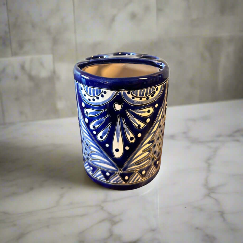 Hand - Painted Talavera Toothbrush Holder | Blue & White Ceramic Talavera Toothbrush Holder La Vie Bien Hand - Painted Talavera Toothbrush Holder | Blue & White Ceramic
