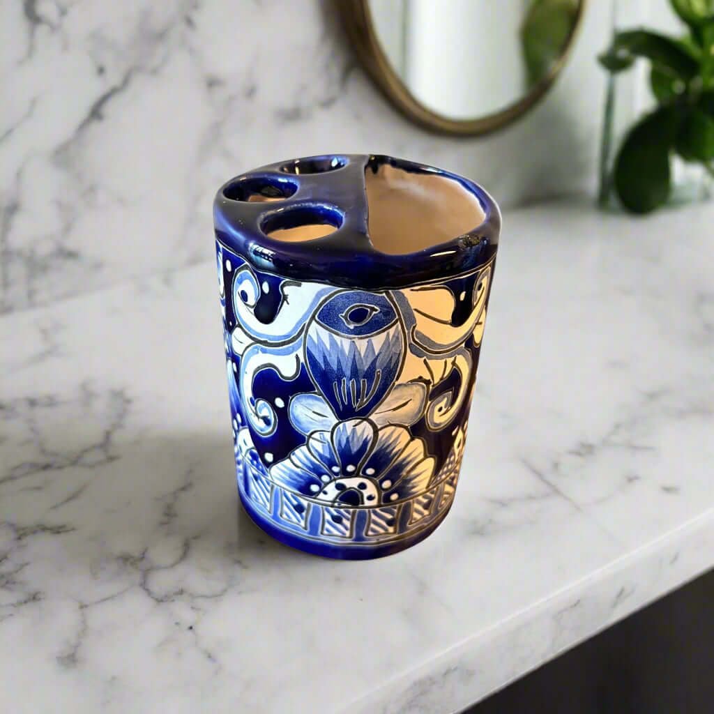 Hand - Painted Talavera Toothbrush Holder | Blue & White Ceramic Talavera Toothbrush Holder La Vie Bien Hand - Painted Talavera Toothbrush Holder | Blue & White Ceramic