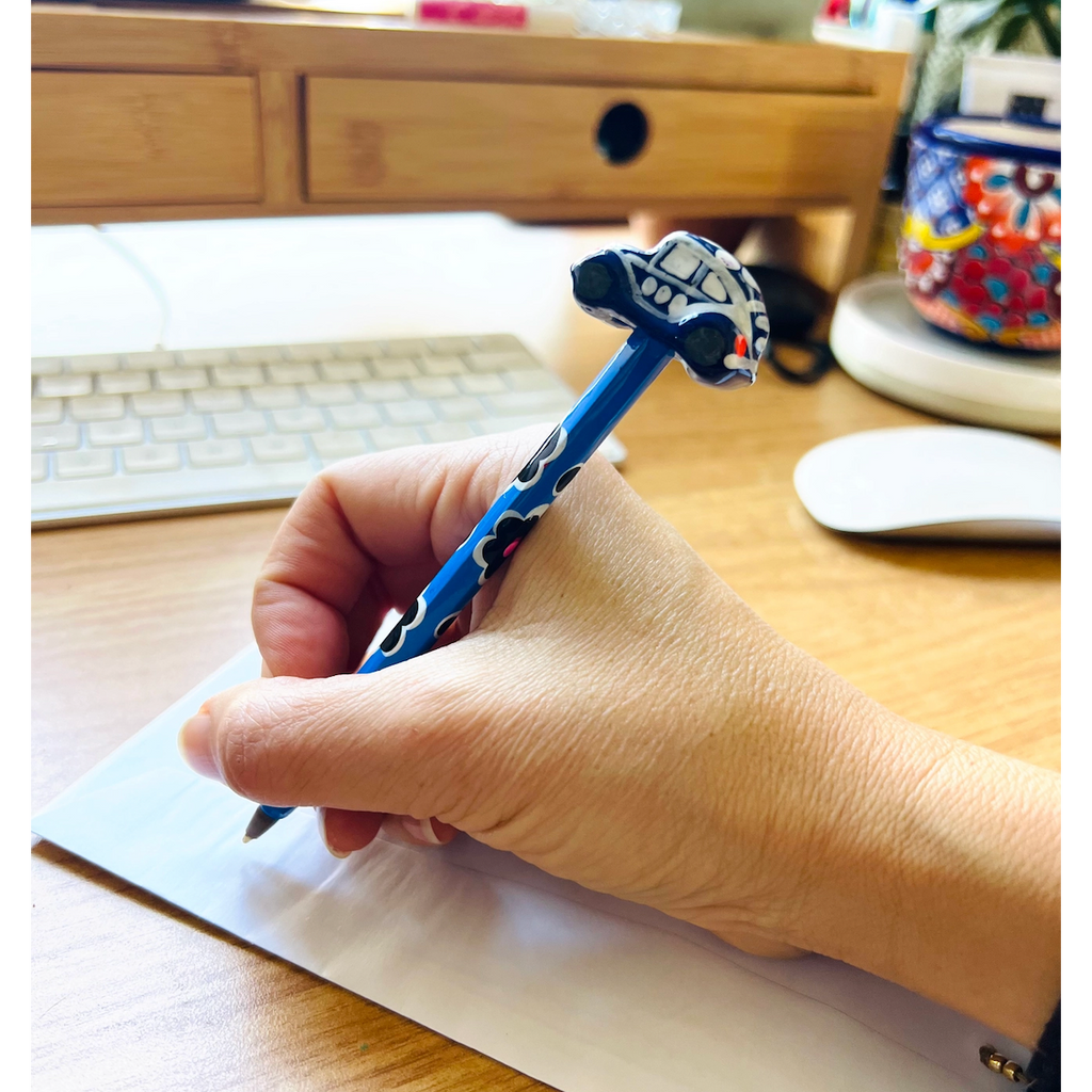 Hand - Painted VW Bug Ceramic Car Ink Pen | Van Flower Pen - Mexico Accessories La Vie Bien Hand - Painted VW Bug Ceramic Car Ink Pen | Van Flower Pen - Mexico