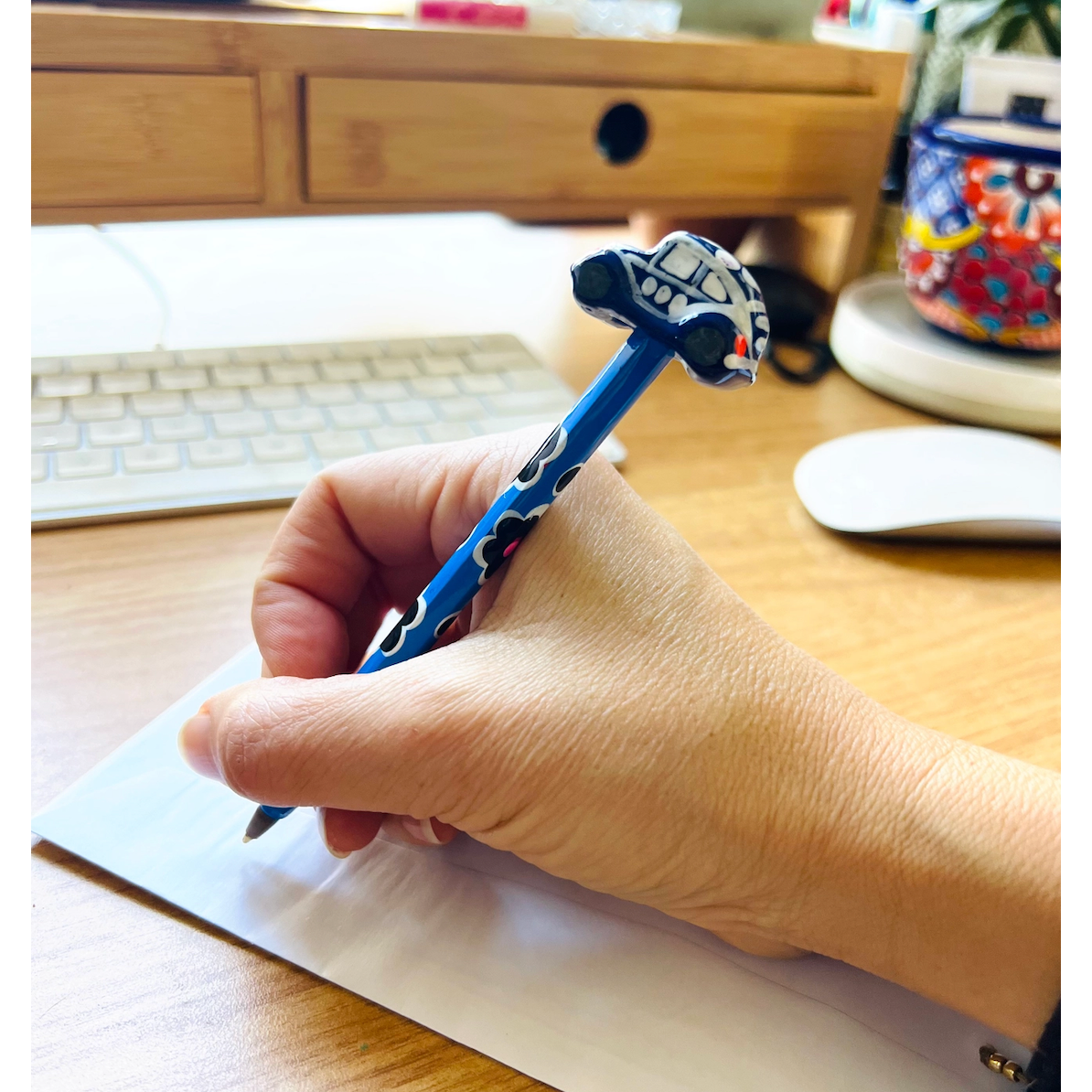 Hand - Painted VW Bug Ceramic Car Ink Pen | Van Flower Pen - Mexico Accessories La Vie Bien Hand - Painted VW Bug Ceramic Car Ink Pen | Van Flower Pen - Mexico