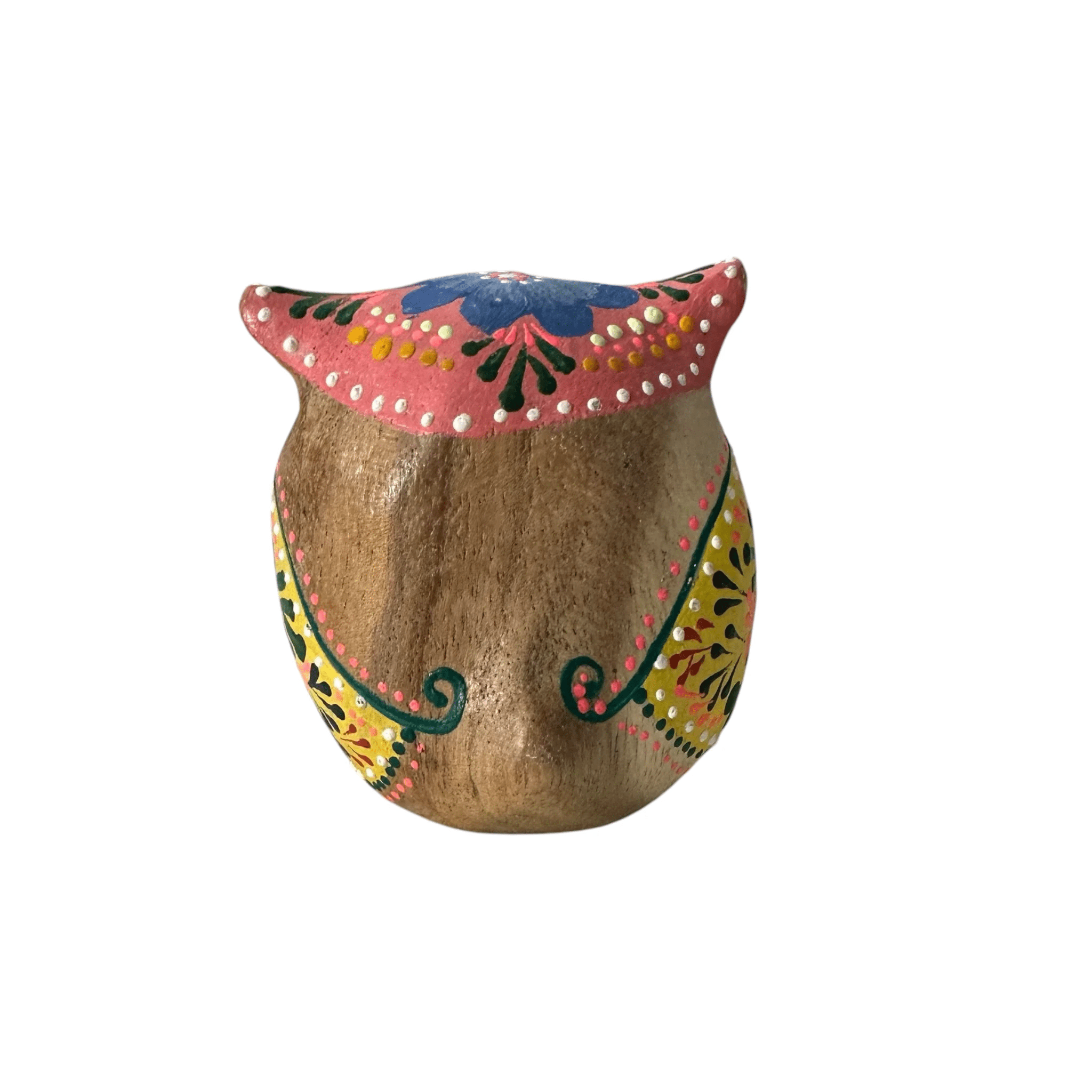 Hand-Painted Wooden Owl Figurine - Pink & Green Vibrant Design by Music Frog Co