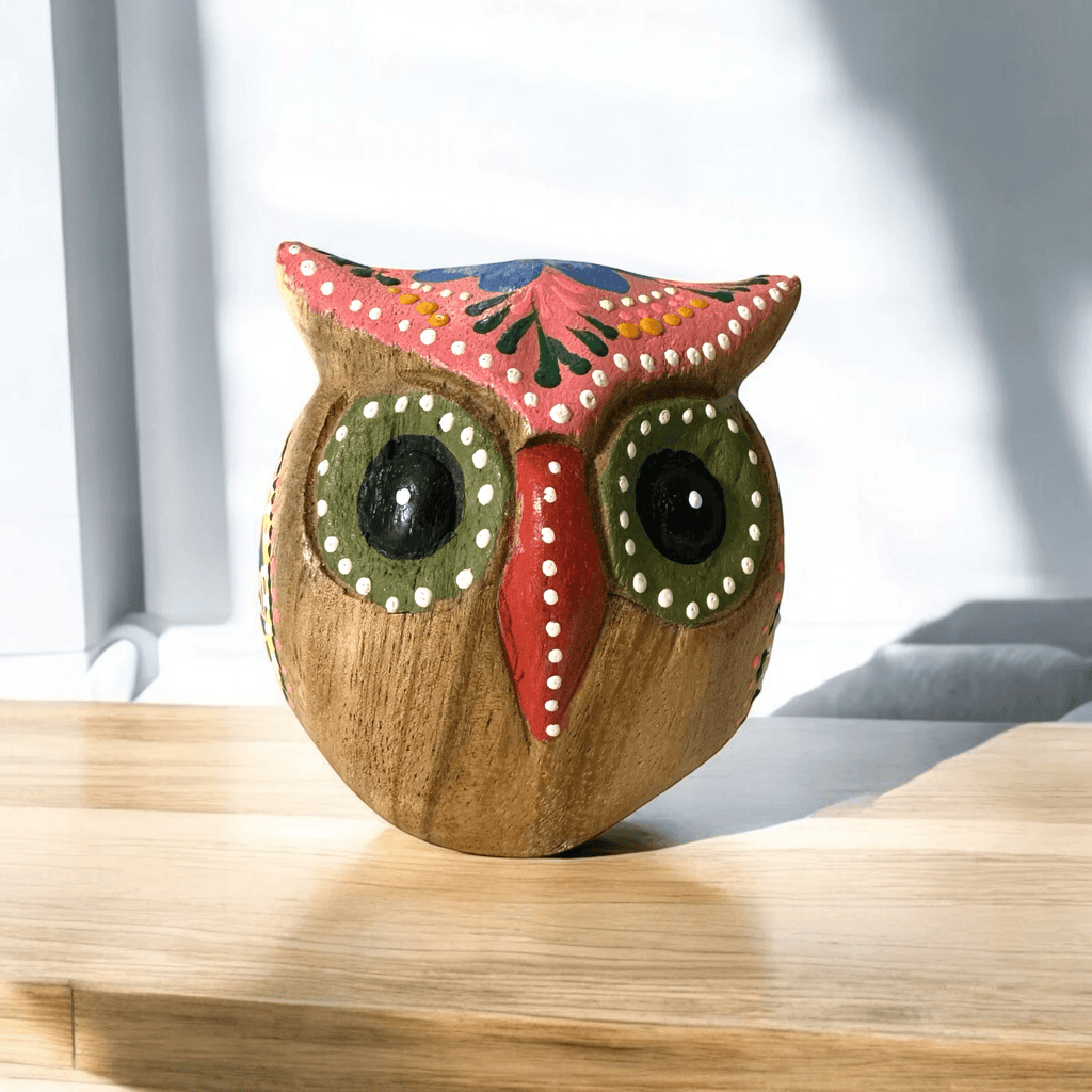 Hand-Painted Wooden Owl Figurine - Pink & Green Vibrant Design by Music Frog Co