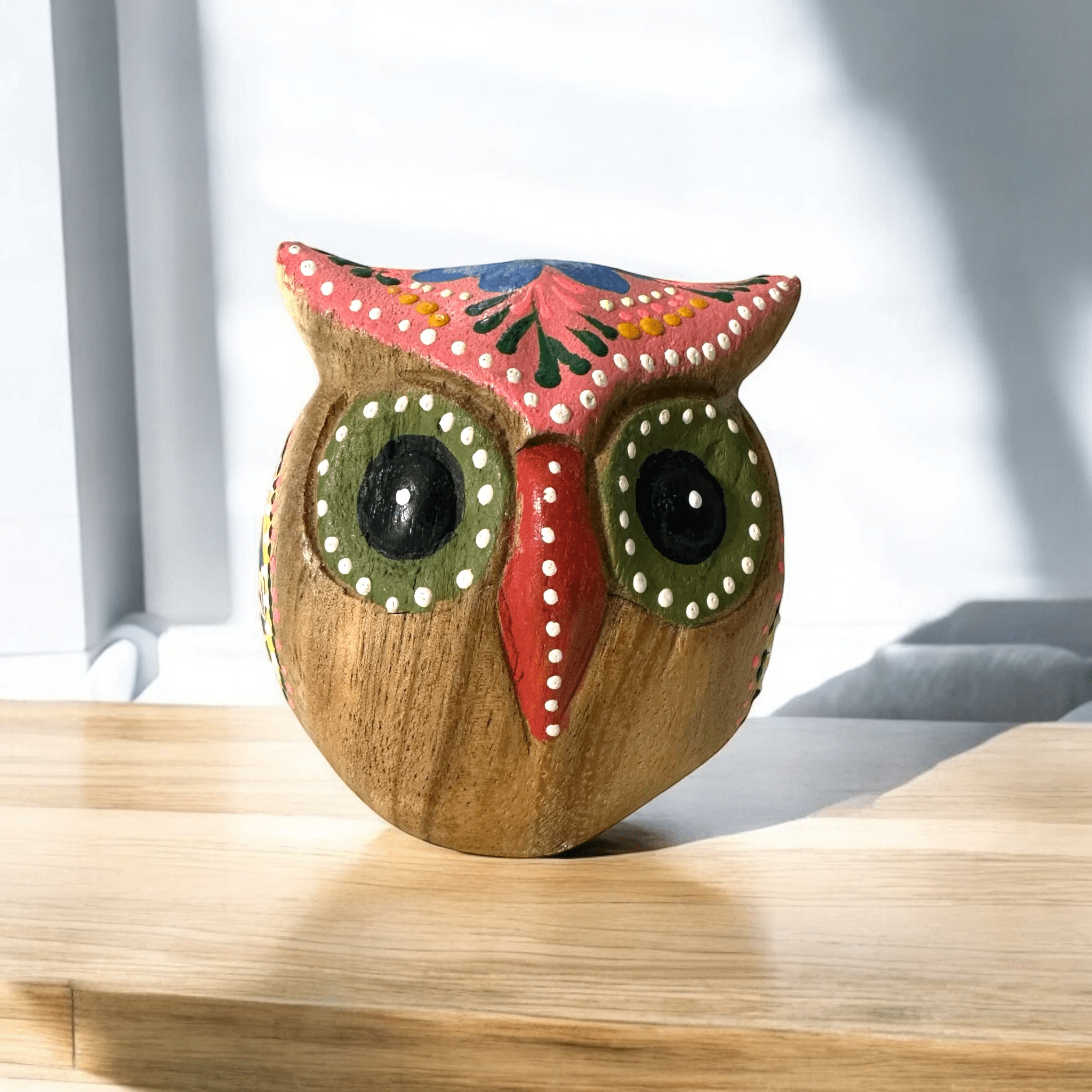 Hand-Painted Wooden Owl Figurine - Pink & Green Vibrant Design by Music Frog Co