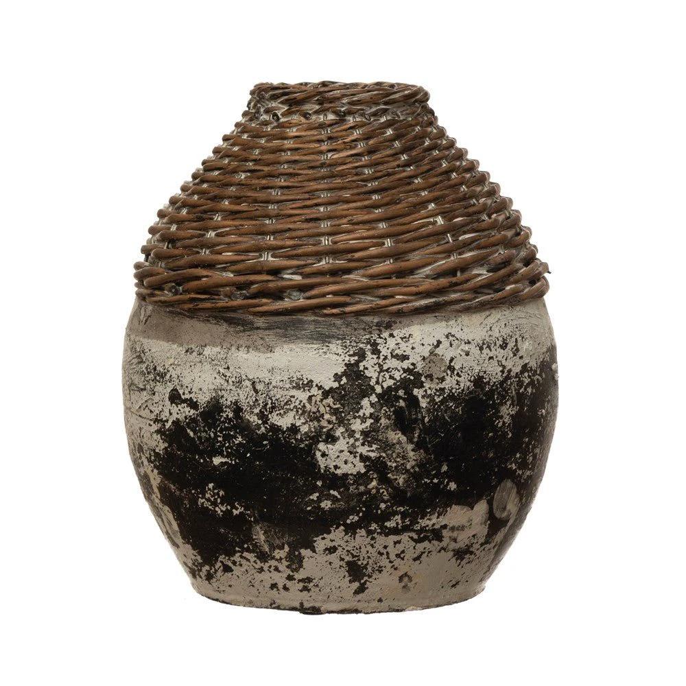Hand-Woven Rattan & Clay Vase, Distressed by White Cliff Studio