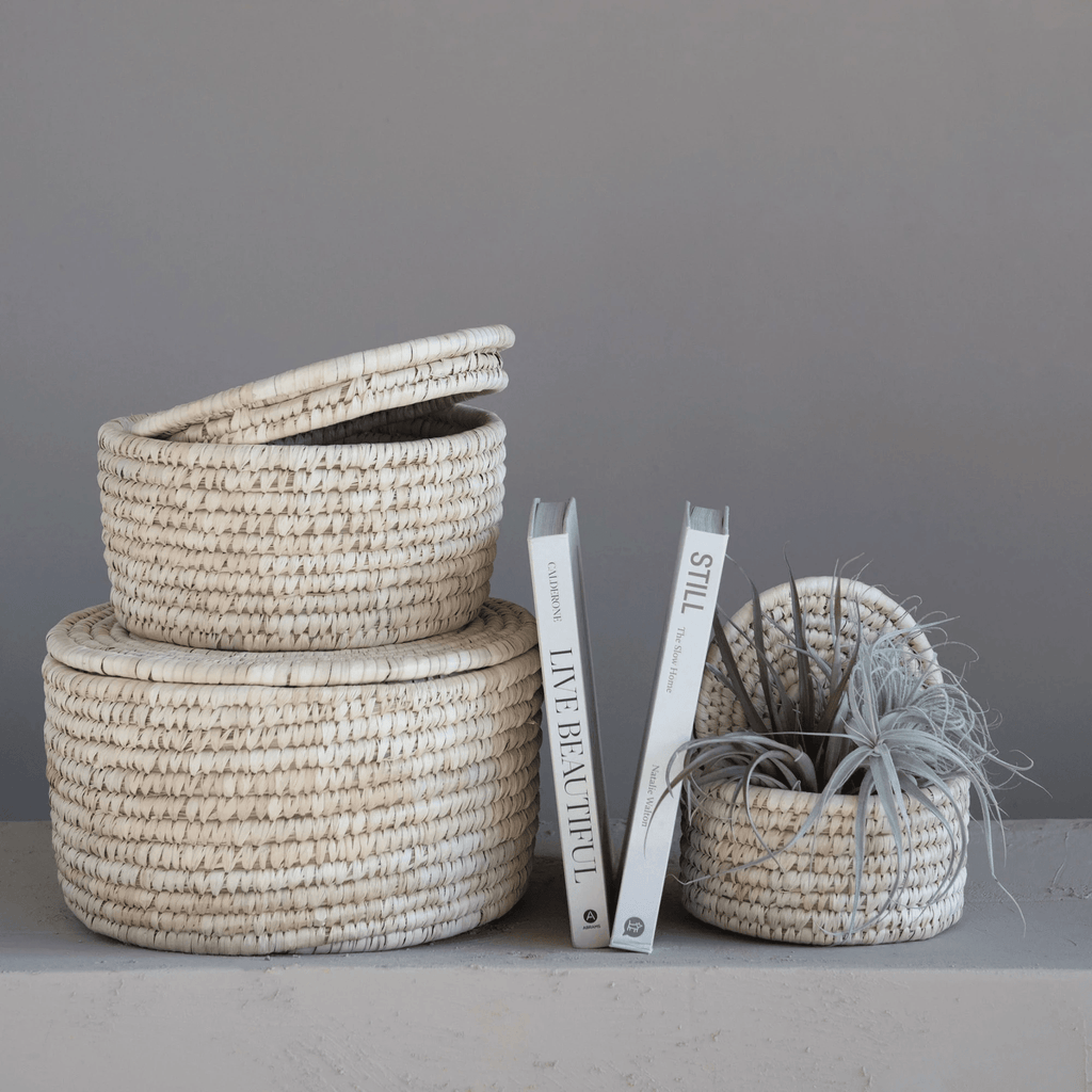Hand-Woven Storage Baskets with Lids, Set of 3 by White Cliff Studio