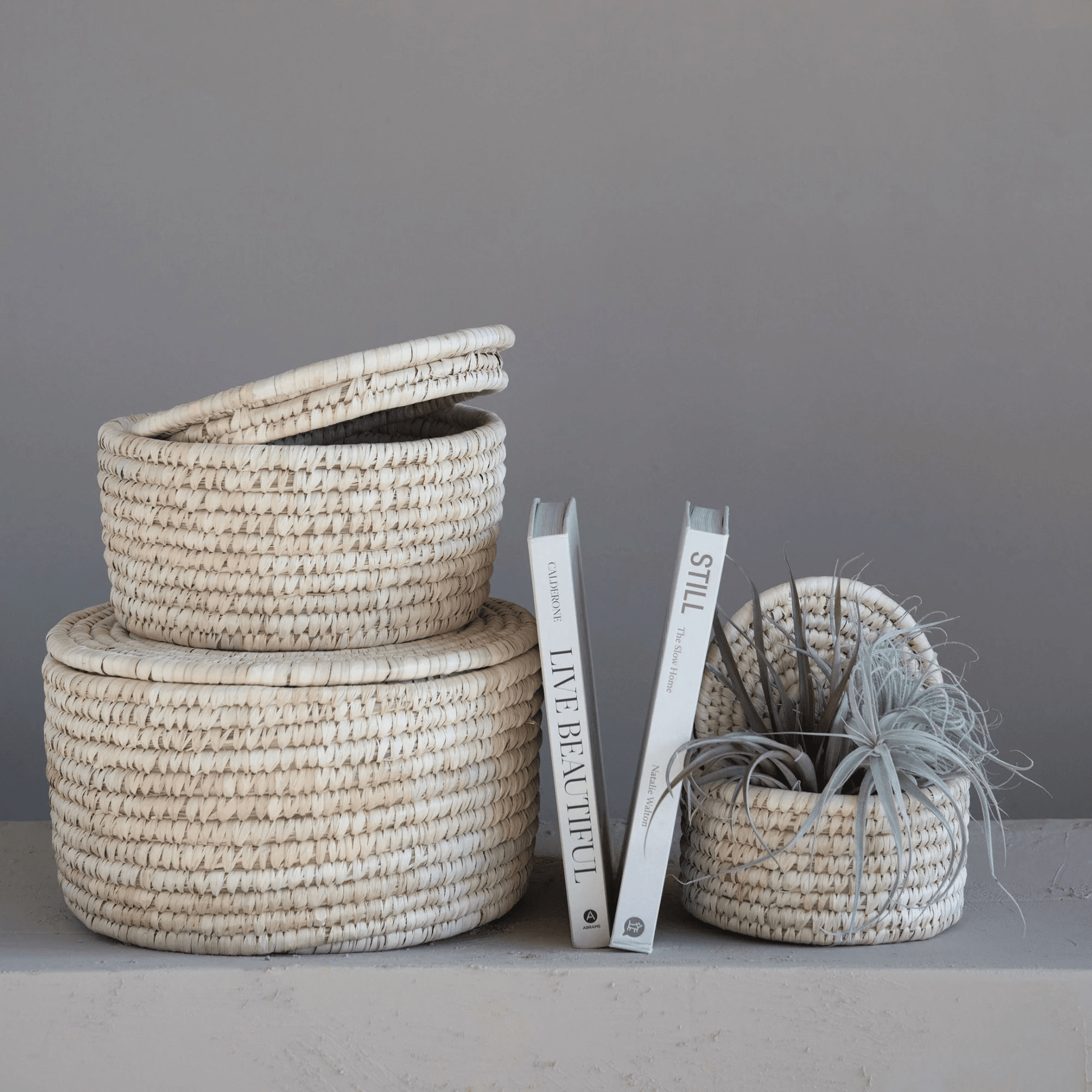 Hand-Woven Storage Baskets with Lids, Set of 3 by White Cliff Studio