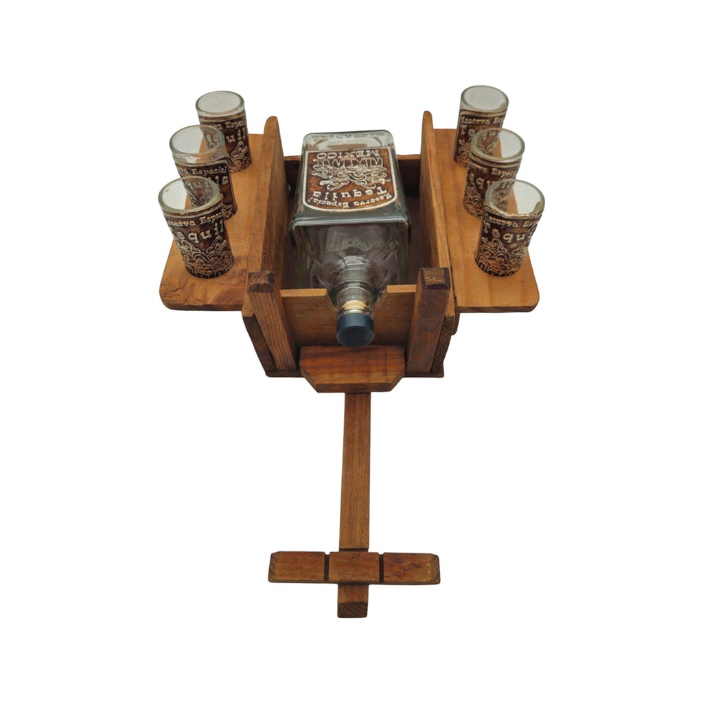 Handblown Mexican Decanter Set | Rustic Wooden Wagon Display Mexican Decanter La Vie Bien Handblown Mexican Decanter Set | Rustic Wooden Wagon Display
