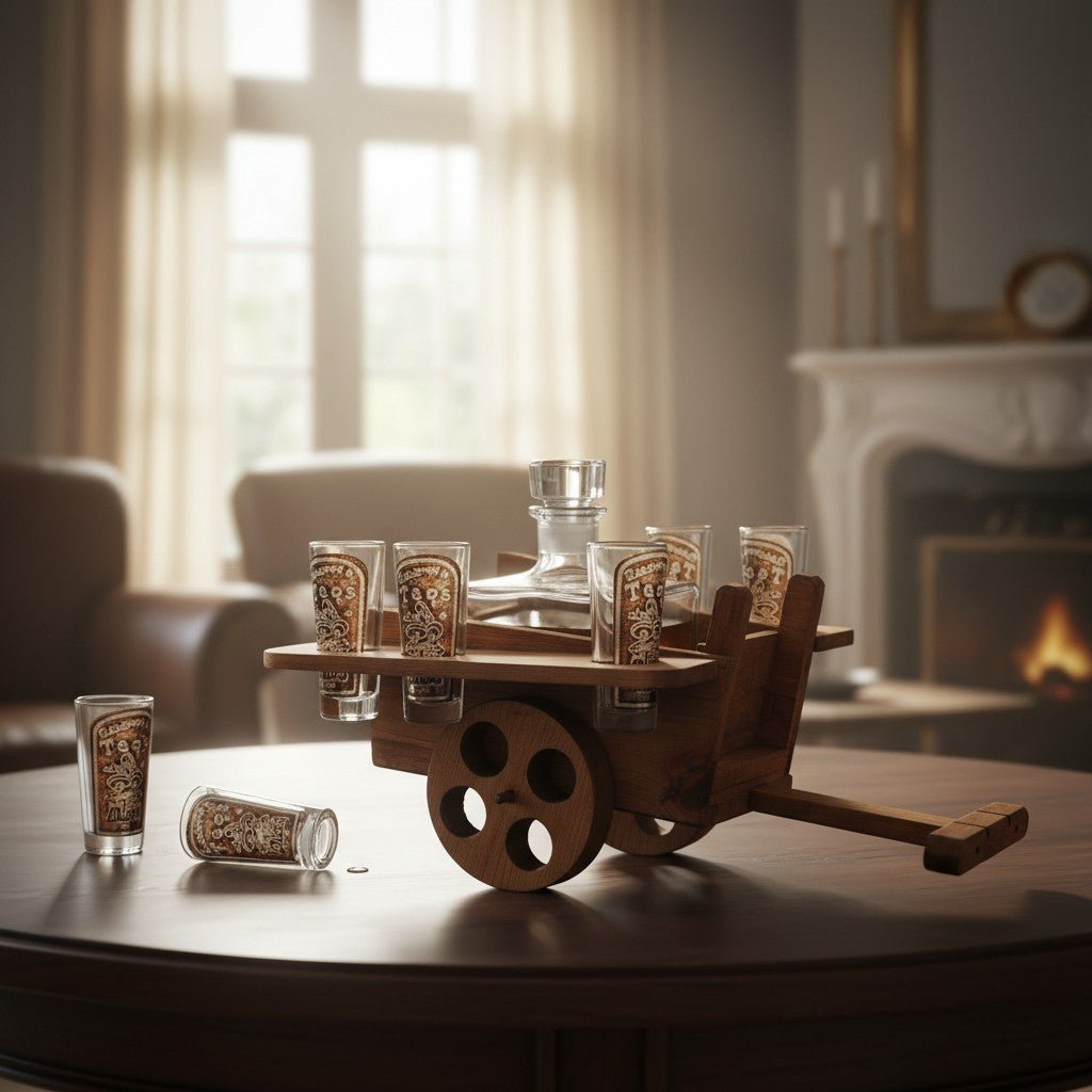 Handblown Mexican Decanter Set | Rustic Wooden Wagon Display Mexican Decanter La Vie Bien Handblown Mexican Decanter Set | Rustic Wooden Wagon Display