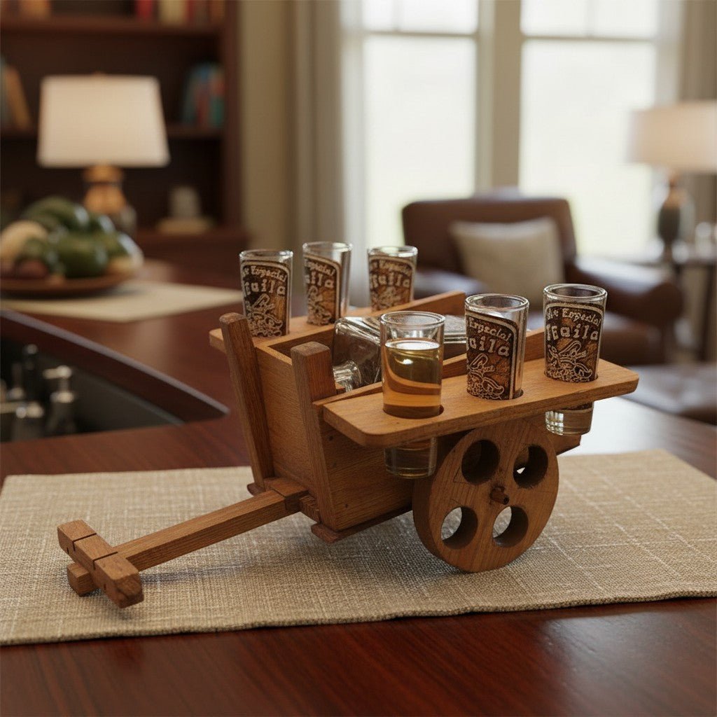 Handblown Mexican Decanter Set | Rustic Wooden Wagon Display Mexican Decanter La Vie Bien Handblown Mexican Decanter Set | Rustic Wooden Wagon Display