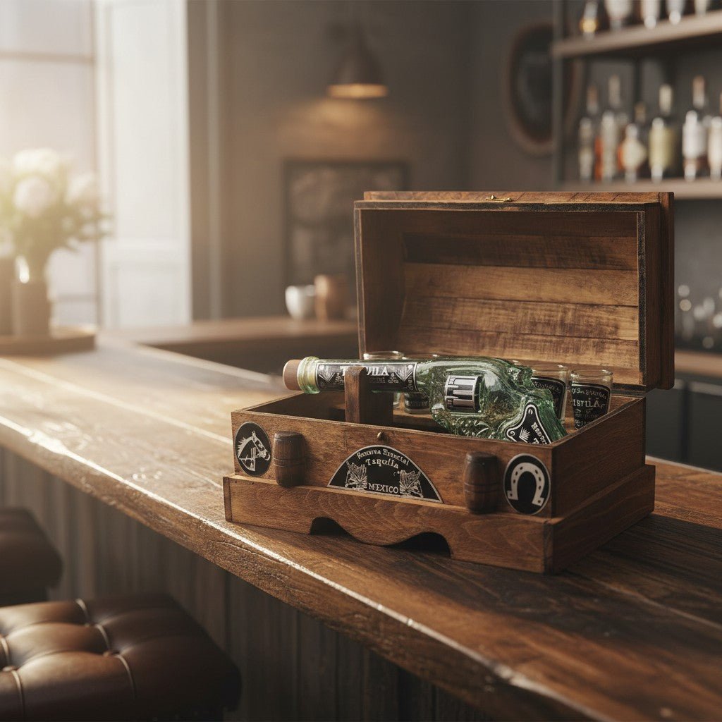 Handblown Mexican Revolver Decanter Set | Wooden Chest Display Mexican Decanter La Vie Bien Handblown Mexican Revolver Decanter Set | Wooden Chest Display