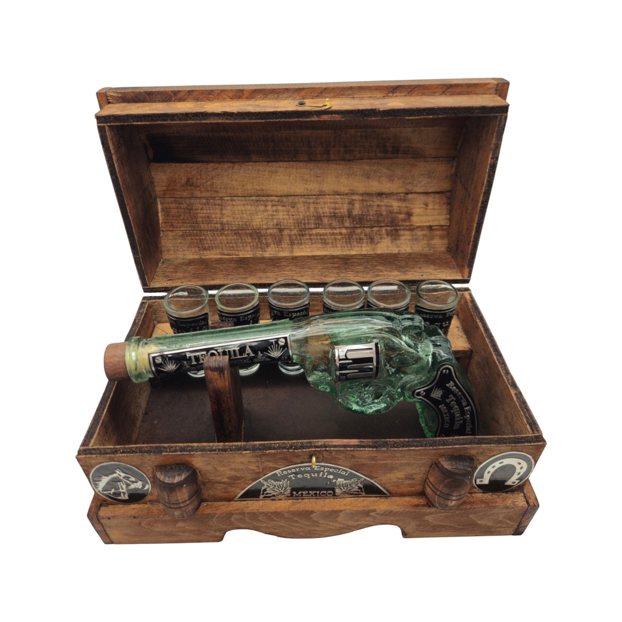 Handblown Mexican Revolver Decanter Set | Wooden Chest Display Mexican Decanter La Vie Bien Handblown Mexican Revolver Decanter Set | Wooden Chest Display