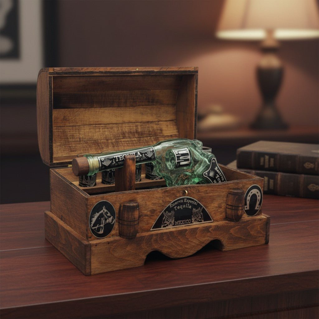 Handblown Mexican Revolver Decanter Set | Wooden Chest Display Mexican Decanter La Vie Bien Handblown Mexican Revolver Decanter Set | Wooden Chest Display