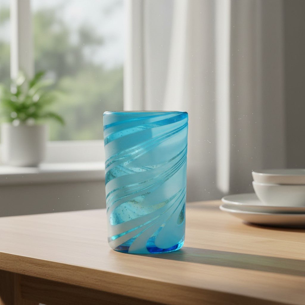 Handblown Mexican Teal Tumbler Glass | White Swirl Accent Mexican Drinking Glass La Vie Bien Handblown Mexican Teal Tumbler Glass | White Swirl Accent