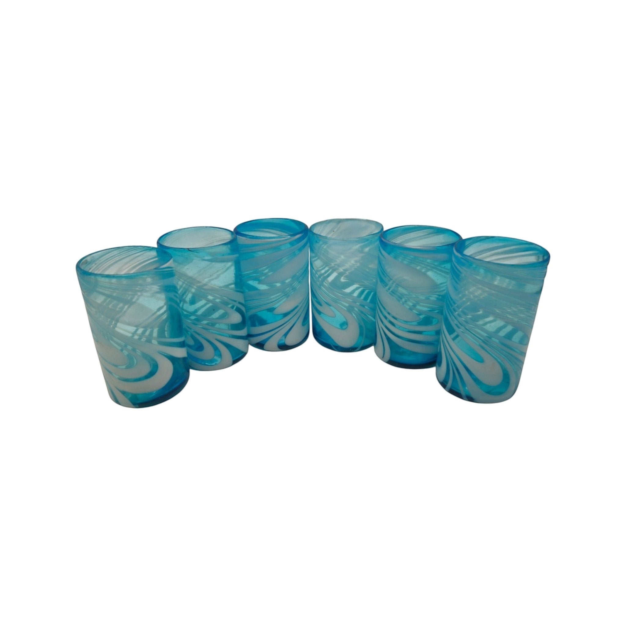 Handblown Mexican Teal Tumbler Glass | White Swirl Accent Mexican Drinking Glass La Vie Bien Handblown Mexican Teal Tumbler Glass | White Swirl Accent