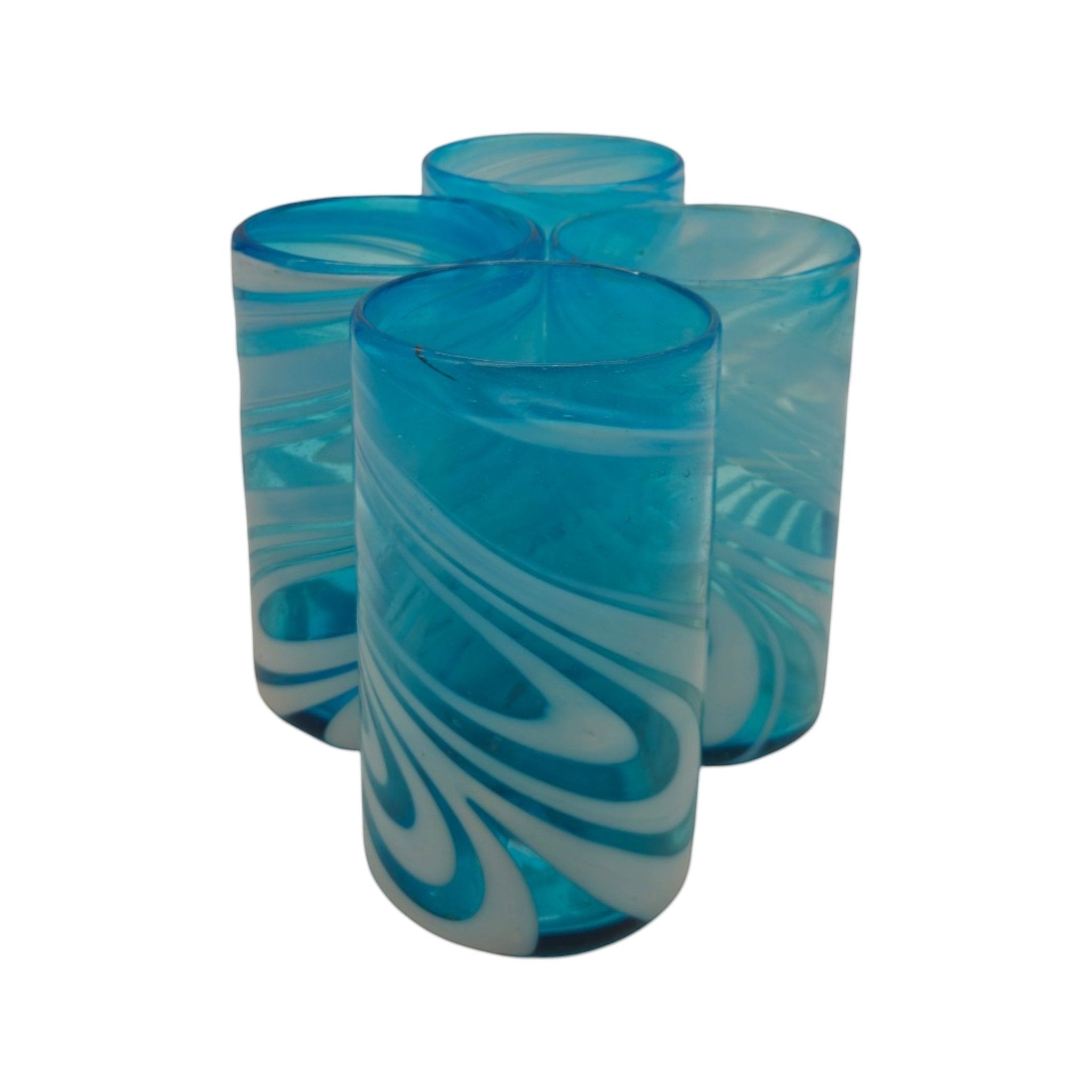 Handblown Mexican Teal Tumbler Glass | White Swirl Accent Mexican Drinking Glass La Vie Bien Handblown Mexican Teal Tumbler Glass | White Swirl Accent