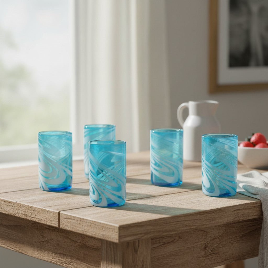 Handblown Mexican Teal Tumbler Glass | White Swirl Accent Mexican Drinking Glass La Vie Bien Handblown Mexican Teal Tumbler Glass | White Swirl Accent
