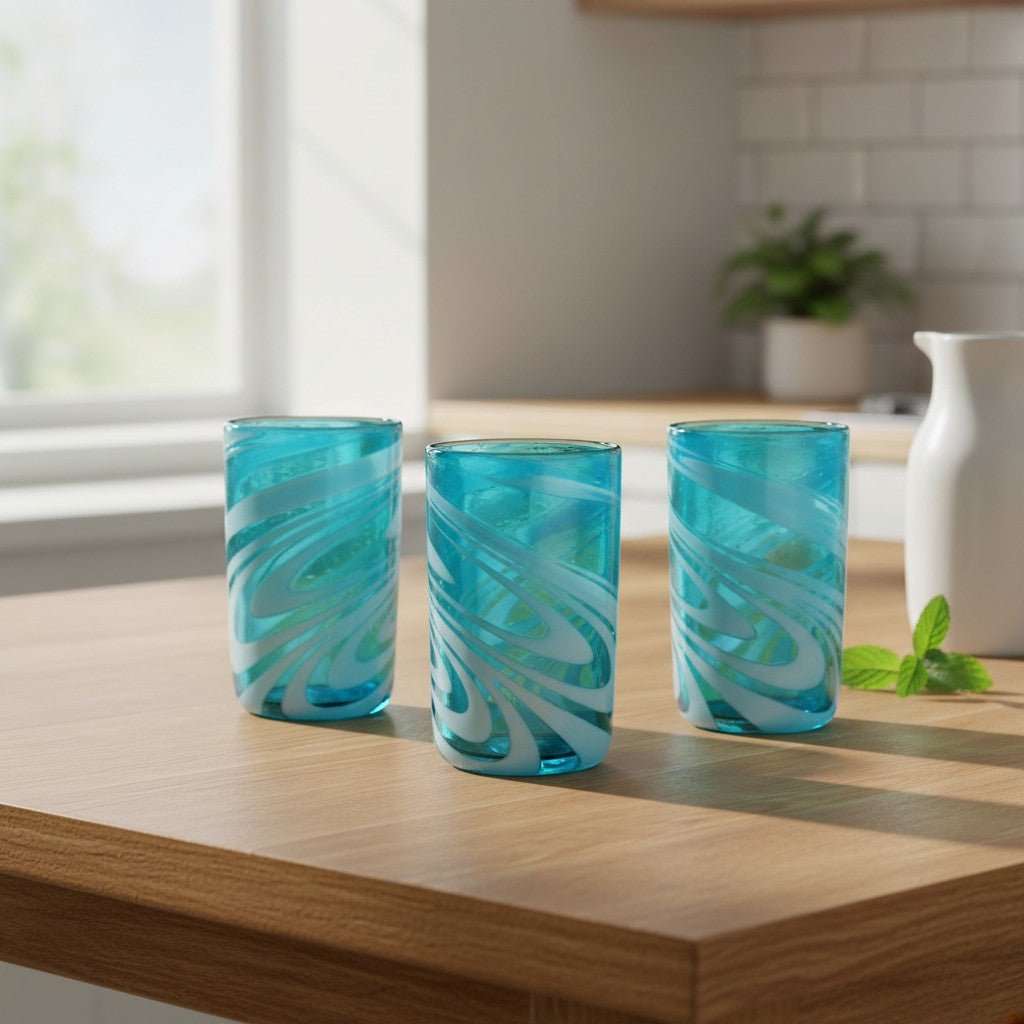 Handblown Mexican Teal Tumbler Glass | White Swirl Accent Mexican Drinking Glass La Vie Bien Handblown Mexican Teal Tumbler Glass | White Swirl Accent