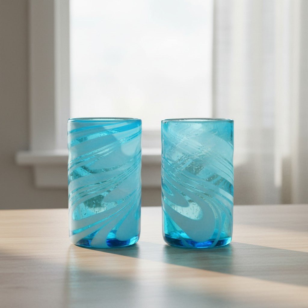 Handblown Mexican Teal Tumbler Glass | White Swirl Accent Mexican Drinking Glass La Vie Bien Handblown Mexican Teal Tumbler Glass | White Swirl Accent