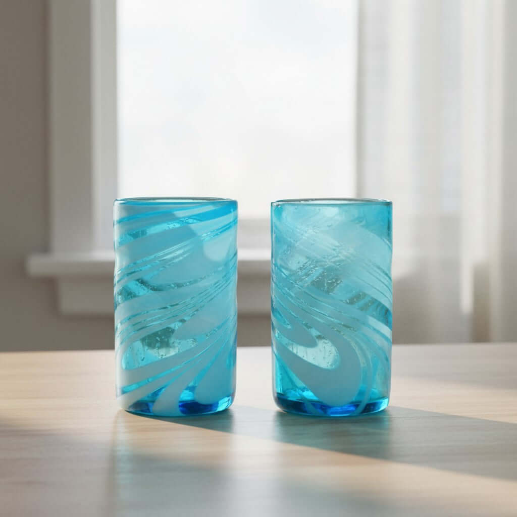 Handblown Mexican Teal Tumbler Glass | White Swirl Accent Mexican Drinking Glass La Vie Bien Handblown Mexican Teal Tumbler Glass | White Swirl Accent