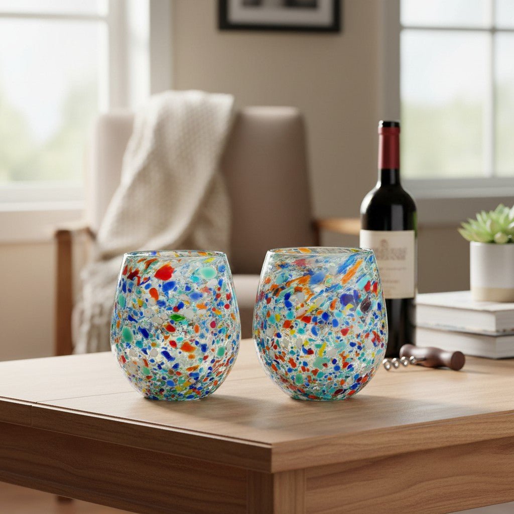 Handblown XL Stemless Wine Glass | Confetti Pebble Pattern Mexican Wine Glass La Vie Bien Handblown XL Stemless Wine Glass | Confetti Pebble Pattern