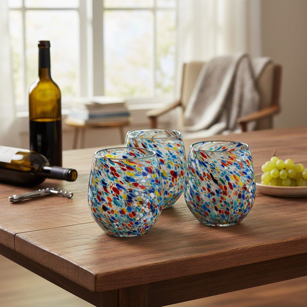 Handblown XL Stemless Wine Glass | Confetti Pebble Pattern Mexican Wine Glass La Vie Bien Handblown XL Stemless Wine Glass | Confetti Pebble Pattern