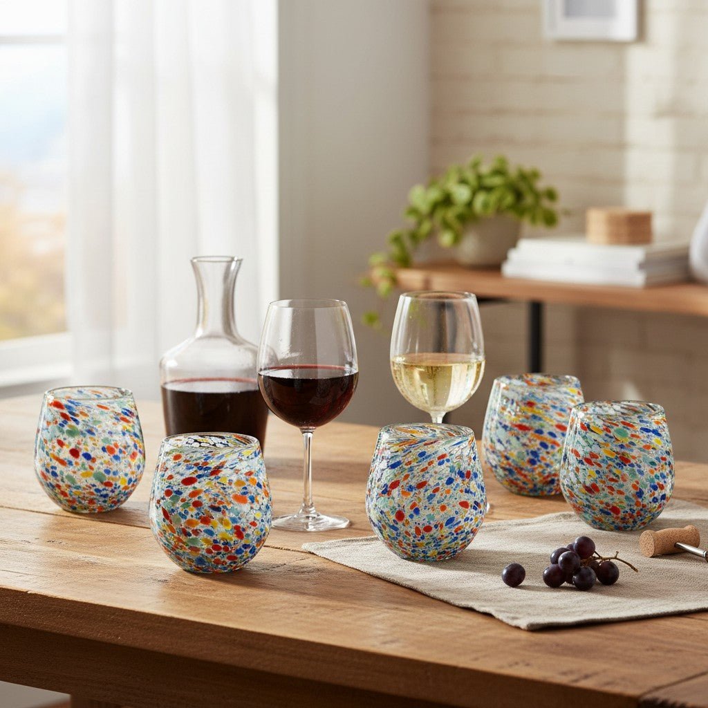 Handblown XL Stemless Wine Glass | Confetti Pebble Pattern Mexican Wine Glass La Vie Bien Handblown XL Stemless Wine Glass | Confetti Pebble Pattern