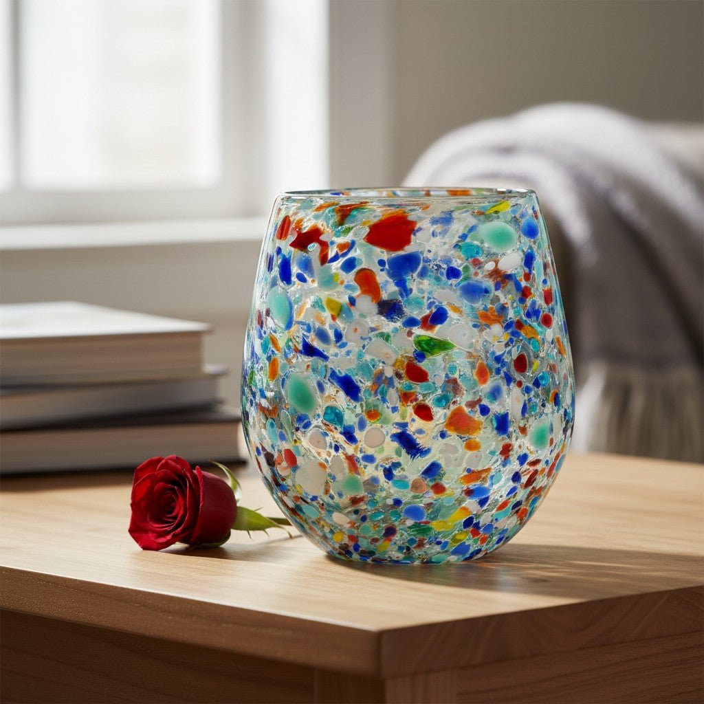 Handblown XL Stemless Wine Glass | Confetti Pebble Pattern Mexican Wine Glass La Vie Bien Handblown XL Stemless Wine Glass | Confetti Pebble Pattern