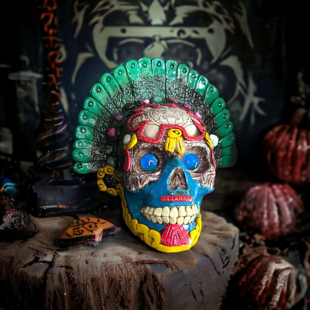 Handcrafted Aztec Warrior Skull Statue | Cultural Art Aztec Decor La Vie Bien Handcrafted Aztec Warrior Skull Statue | Cultural Art