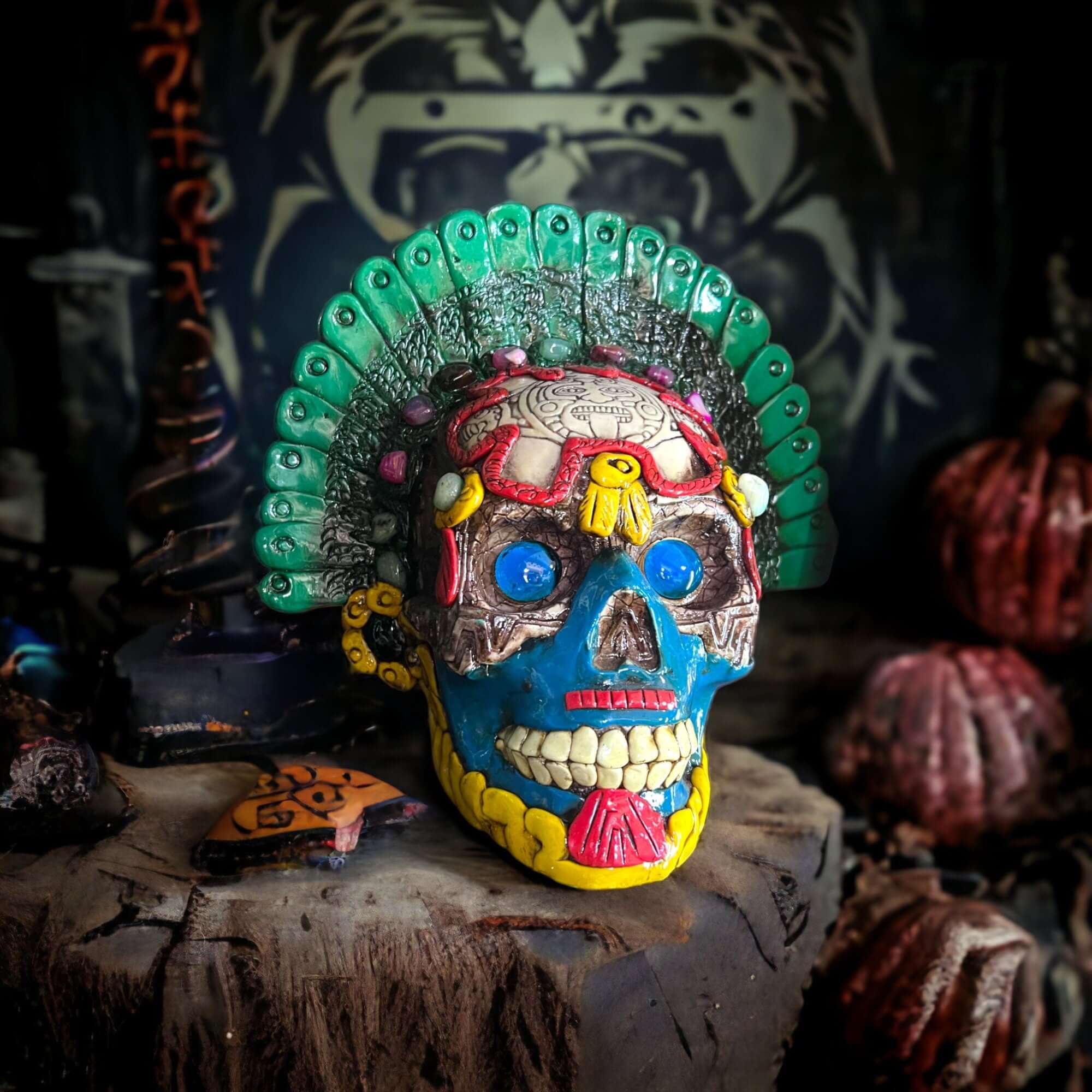 Handcrafted Aztec Warrior Skull Statue | Cultural Art Aztec Decor La Vie Bien Handcrafted Aztec Warrior Skull Statue | Cultural Art